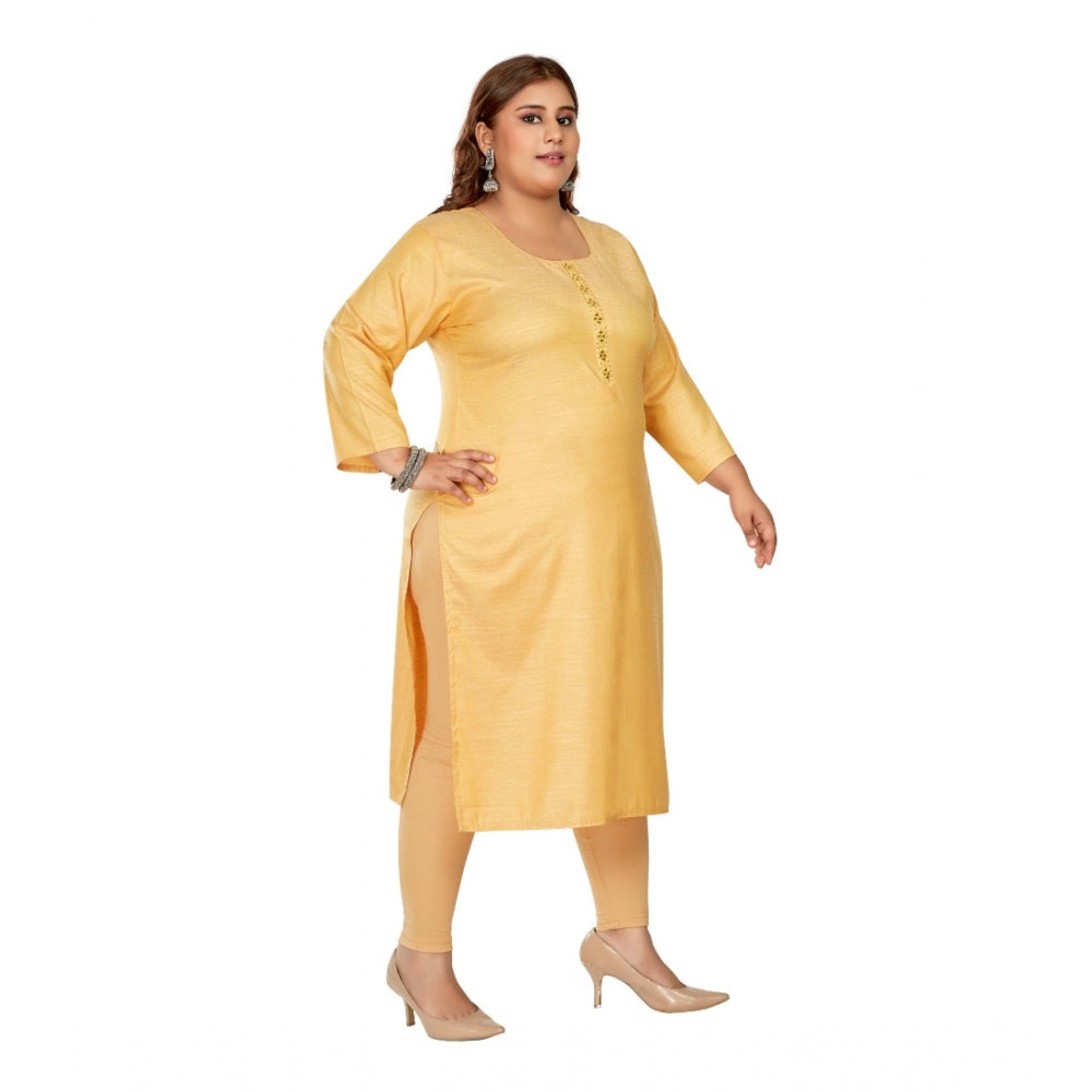 Amfyn Women's Casual 3/4th Sleeve Mirror Embroidered Rayon Straight Kurti (Tan)