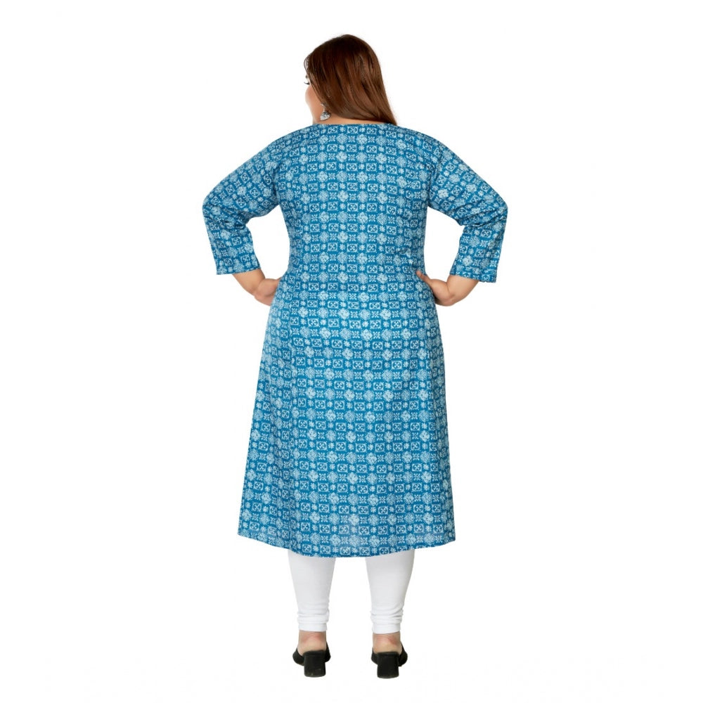 Amfyn Women's Casual 3/4th Sleeve Regular Printed Pure Cotton Prince Cut A-Line Kurti (Blue)
