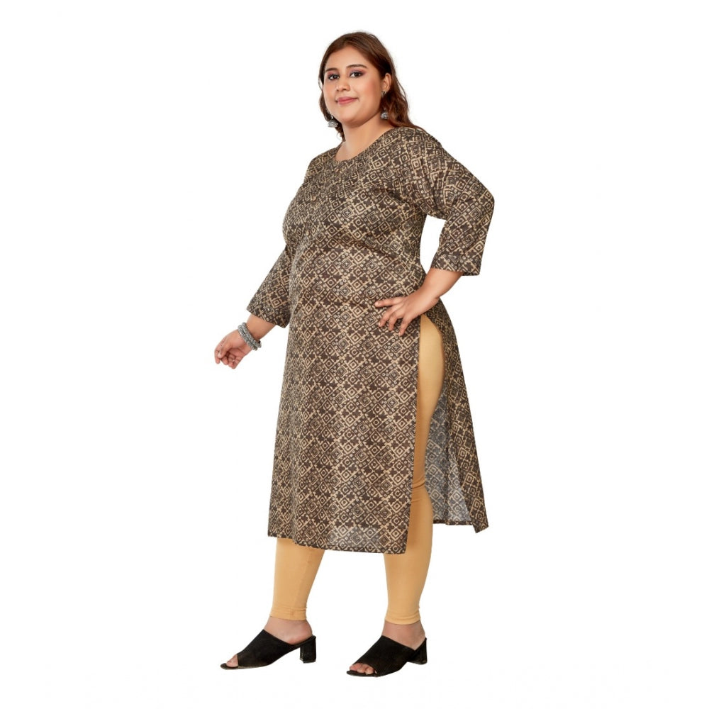 Amfyn Women's Casual 3/4th Sleeve Golden Foil Printed Capsule Cotton Straight Kurti (Brown)