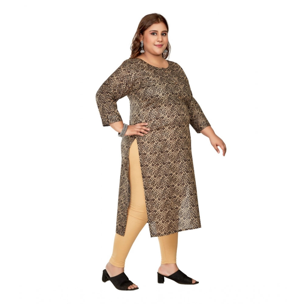 Amfyn Women's Casual 3/4th Sleeve Golden Foil Printed Capsule Cotton Straight Kurti (Brown)