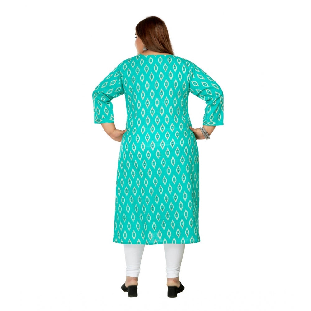 Amfyn Women's Casual 3/4th Sleeve Ikkat Printed Pure Cotton Straight Kurti (Turquoise)