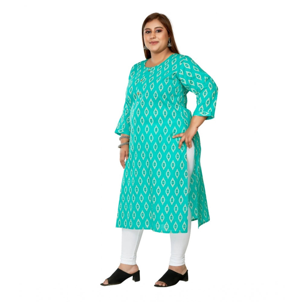 Amfyn Women's Casual 3/4th Sleeve Ikkat Printed Pure Cotton Straight Kurti (Turquoise)
