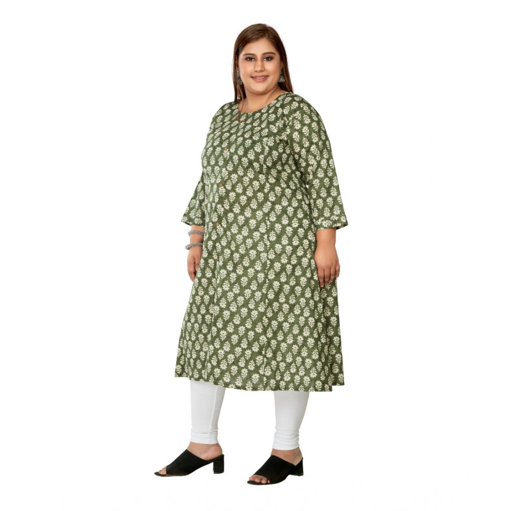 Amfyn Women's Casual 3/4th Sleeve Printed Pure Cotton Prince Cut A-Line Kurti (Green)