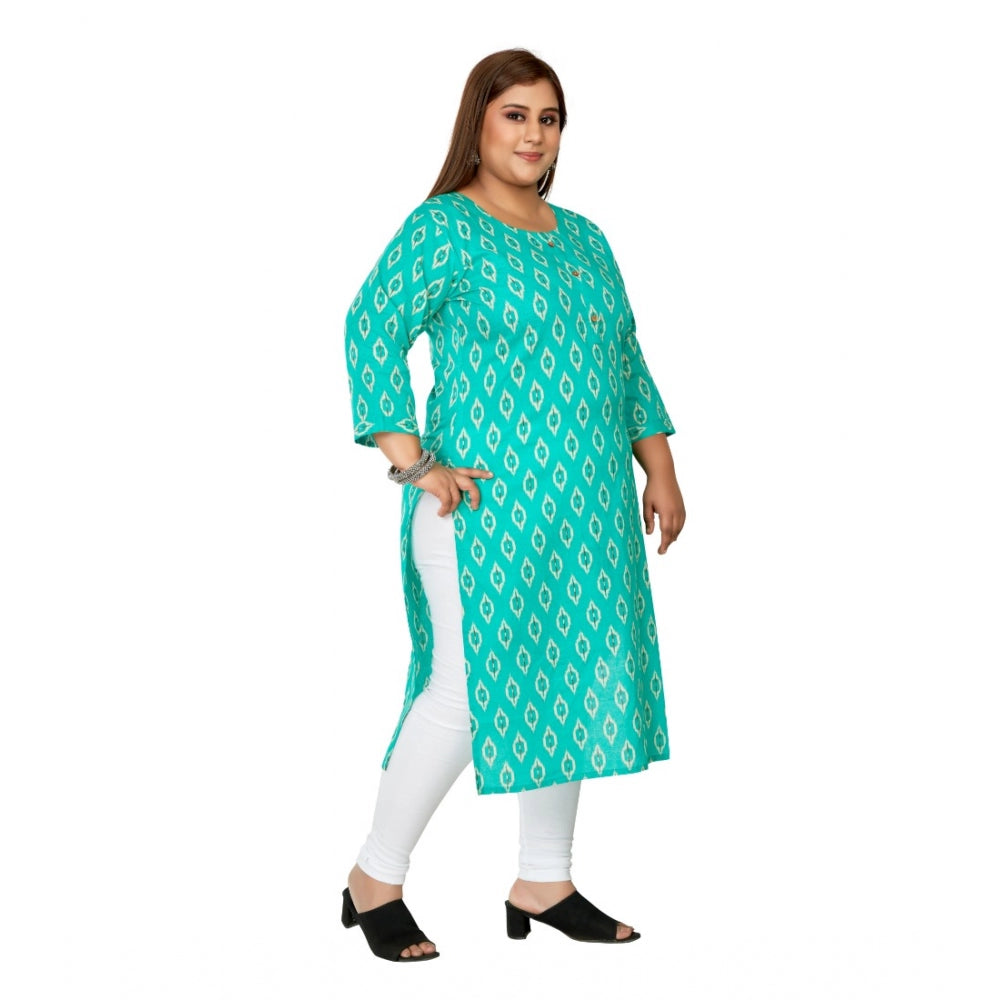Amfyn Women's Casual 3/4th Sleeve Ikkat Printed Pure Cotton Straight Kurti (Turquoise)
