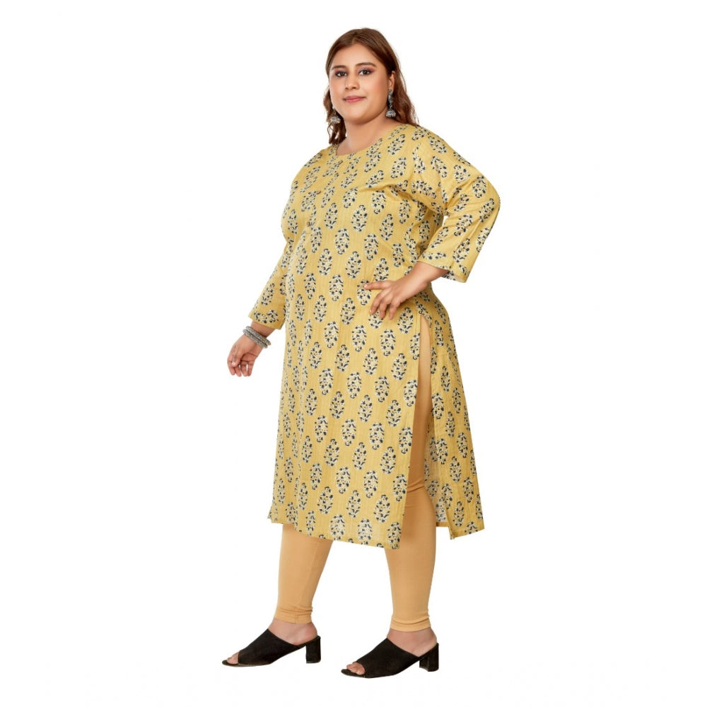Amfyn Women's Casual 3/4th Sleeve Golden Foil Printed Pure Cotton Straight Kurti (Light Yellow)
