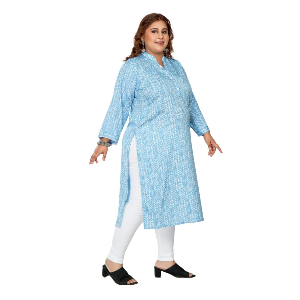 Amfyn Women's Casual 3/4th Sleeve Full printed Imported Synthetic Straight Kurti (Blue)