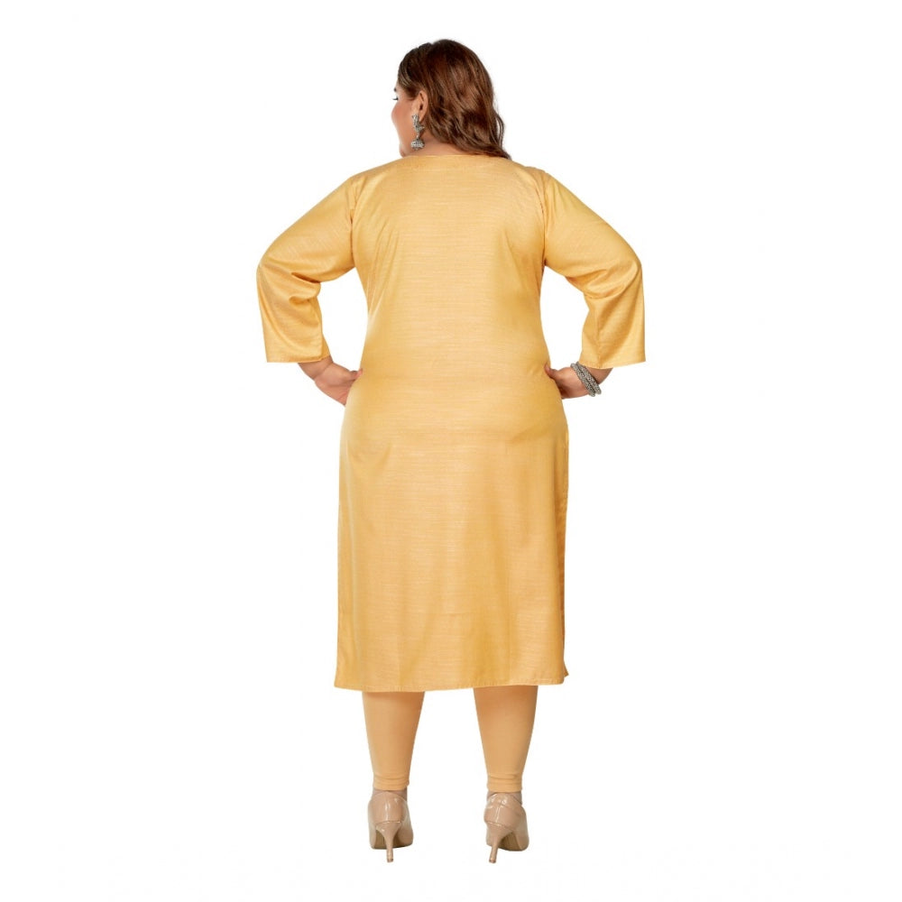 Amfyn Women's Casual 3/4th Sleeve Mirror Embroidered Rayon Straight Kurti (Tan)