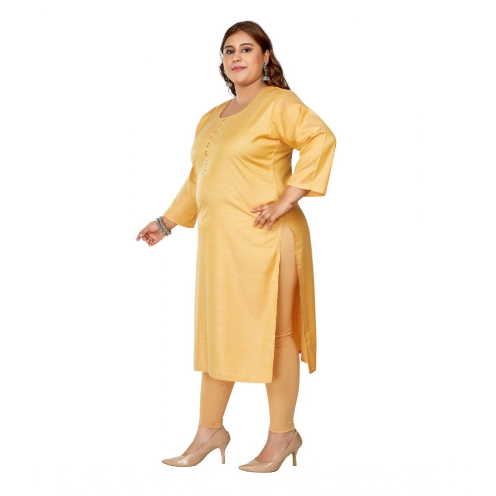 Amfyn Women's Casual 3/4th Sleeve Mirror Embroidered Rayon Straight Kurti (Tan)