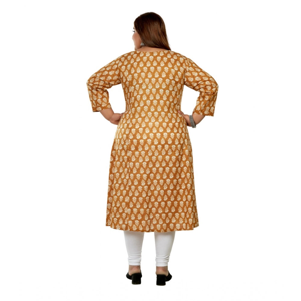 Amfyn Women's Casual 3/4th Sleeve Printed Pure Cotton Prince Cut A-Line Kurti (Mustard)