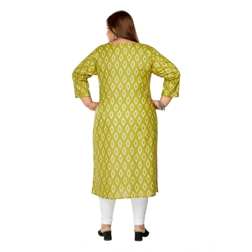Amfyn Women's Casual 3/4th Sleeve Ikkat Printed Pure Cotton Straight Kurti (Pista Green)
