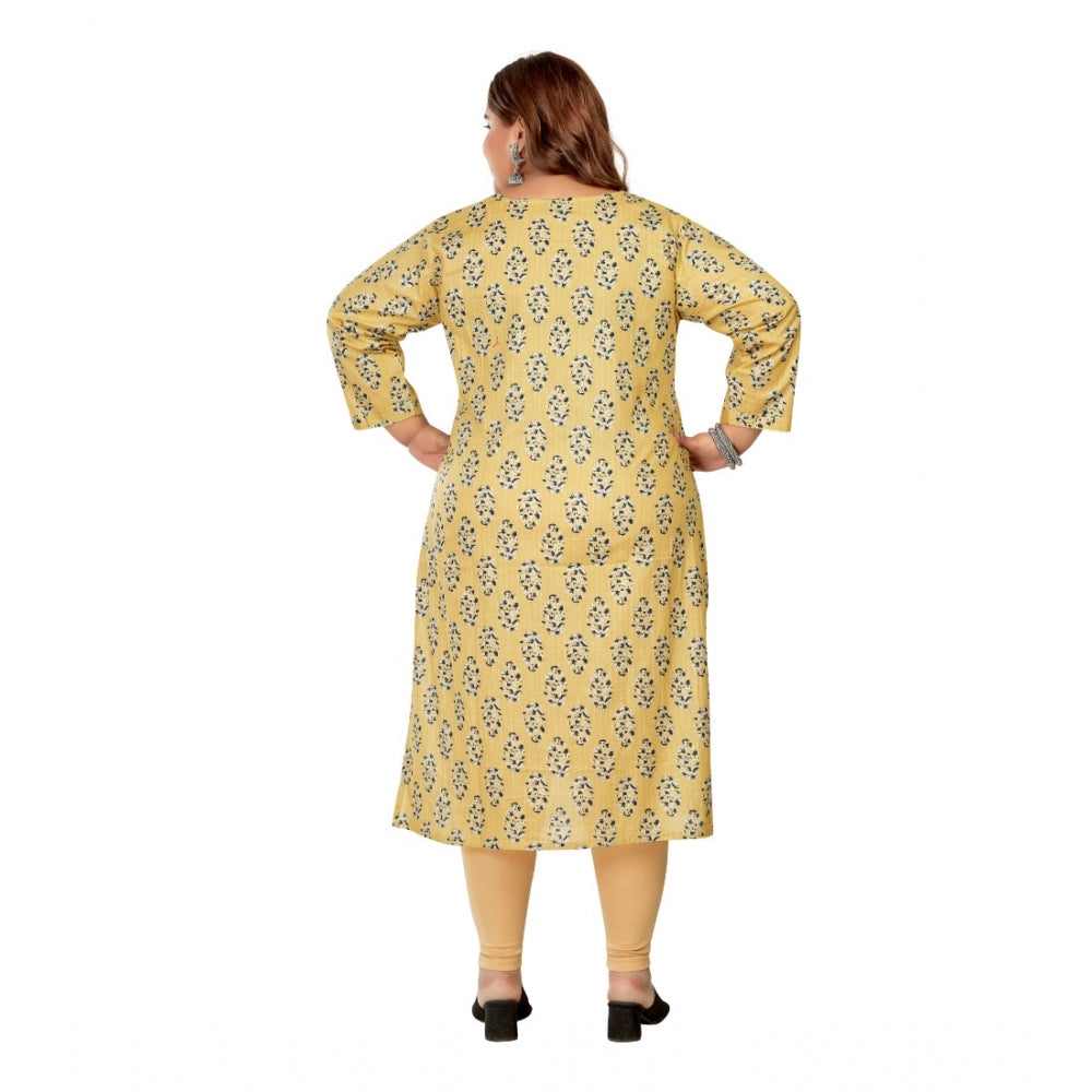 Amfyn Women's Casual 3/4th Sleeve Golden Foil Printed Pure Cotton Straight Kurti (Light Yellow)