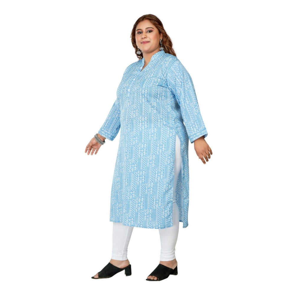 Amfyn Women's Casual 3/4th Sleeve Full printed Imported Synthetic Straight Kurti (Blue)