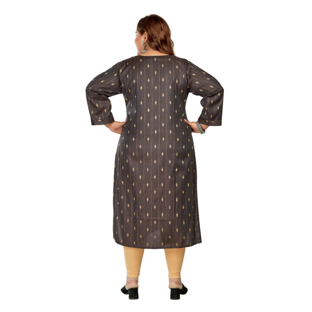 Amfyn Women's Casual 3/4th Sleeve Golden Embroidered Cotton Mix Straight Kurti (Dark Grey)