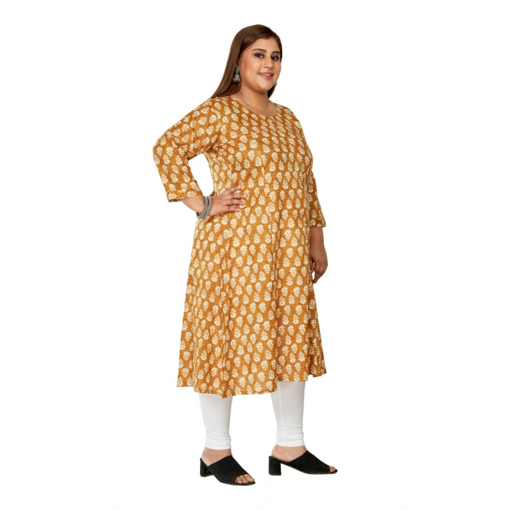 Amfyn Women's Casual 3/4th Sleeve Printed Pure Cotton Prince Cut A-Line Kurti (Mustard)
