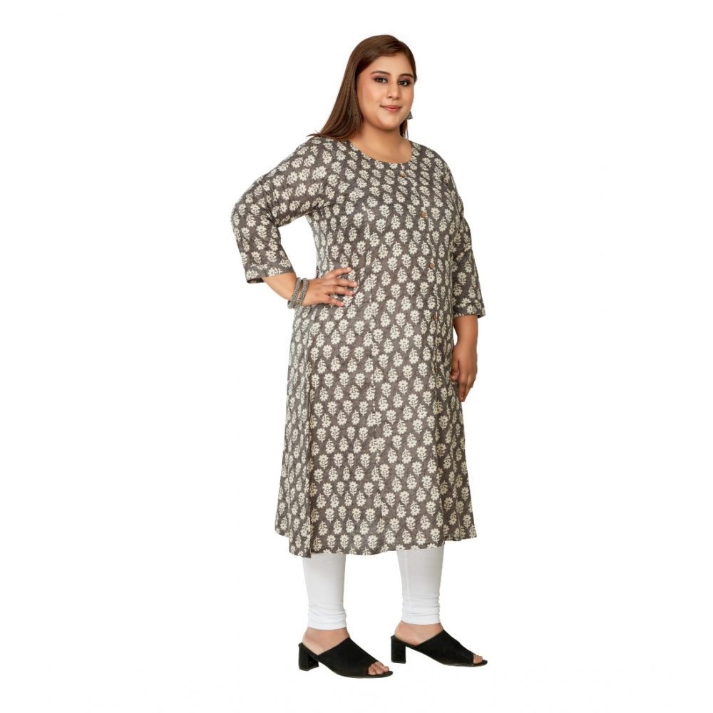 Amfyn Women's Casual 3/4th Sleeve Printed Pure Cotton Prince Cut A-Line Kurti (Grey)