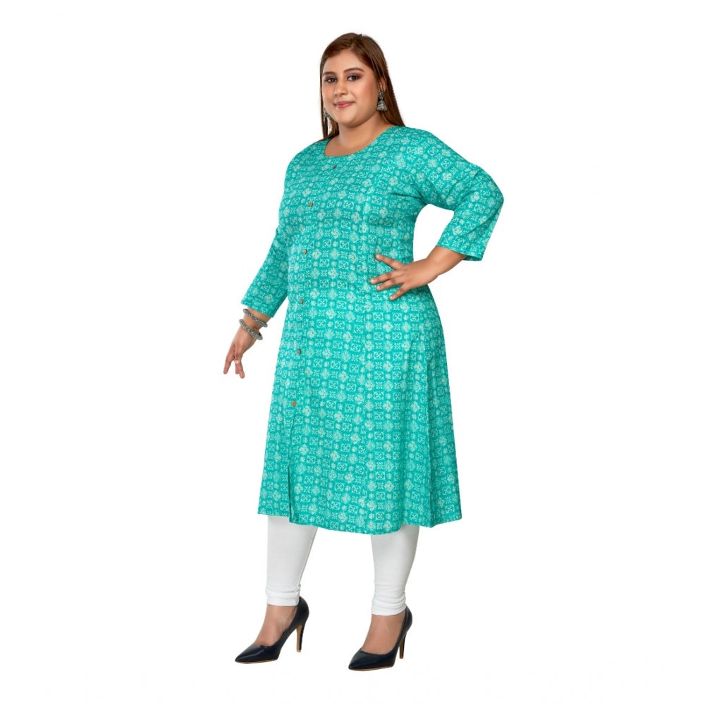 Amfyn Women's Casual 3/4th Sleeve Regular Printed Pure Cotton Prince Cut A-Line Kurti (Turquoise)