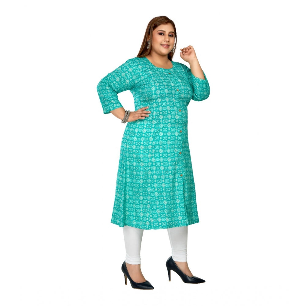 Amfyn Women's Casual 3/4th Sleeve Regular Printed Pure Cotton Prince Cut A-Line Kurti (Turquoise)