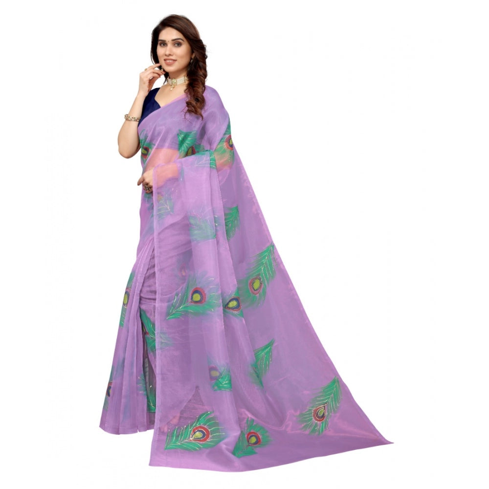 Amfyn Women's Organza Floral Pattern Sarees (Lavendor, 5-6 Mtrs)