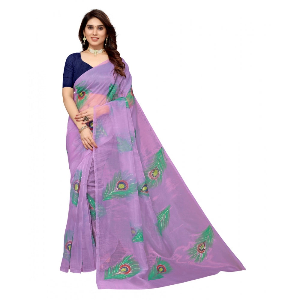 Amfyn Women's Organza Floral Pattern Sarees (Lavendor, 5-6 Mtrs)