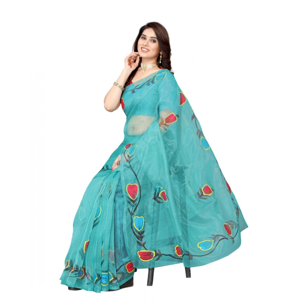 Amfyn Women's Organza Floral Pattern Sarees (Rama, 5-6 Mtrs)