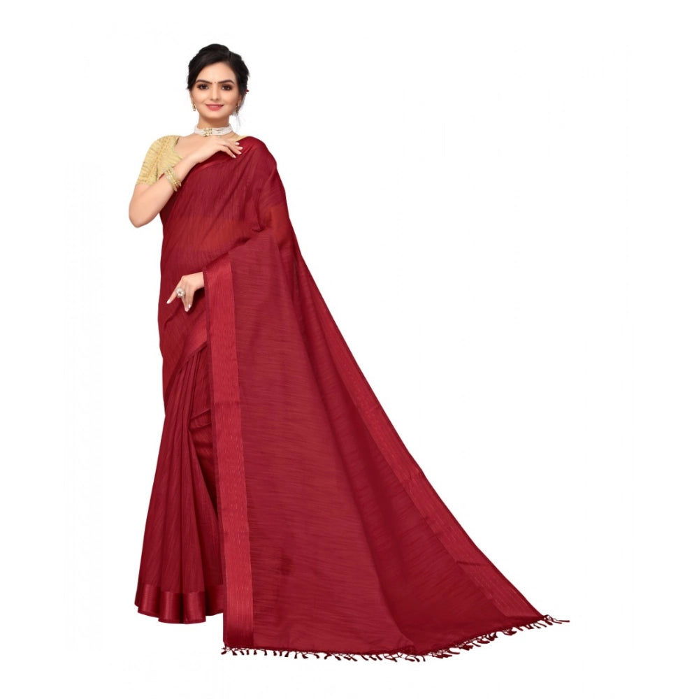 Amfyn Women's Cotton Blend Stripe Pattern Sarees (Maroon, 5-6 Mtrs)