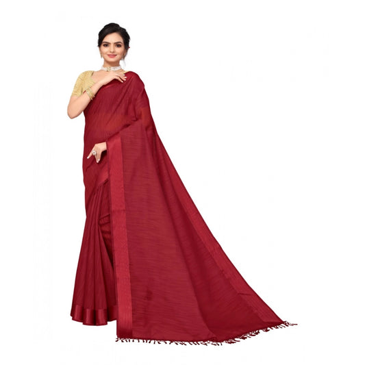 Amfyn Women's Cotton Blend Stripe Pattern Sarees (Maroon, 5-6 Mtrs)