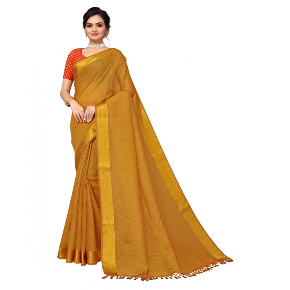 Amfyn Women's Cotton Blend Stripe Pattern Sarees (Mustard, 5-6 Mtrs)