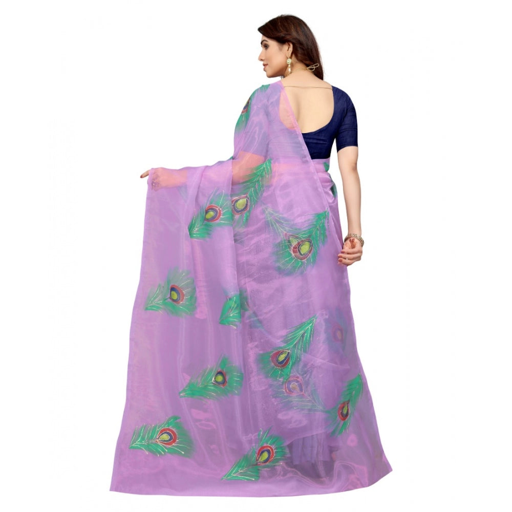 Amfyn Women's Organza Floral Pattern Sarees (Lavendor, 5-6 Mtrs)