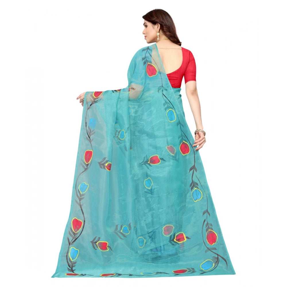 Amfyn Women's Organza Floral Pattern Sarees (Rama, 5-6 Mtrs)