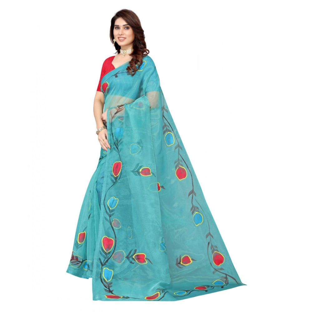 Amfyn Women's Organza Floral Pattern Sarees (Rama, 5-6 Mtrs)