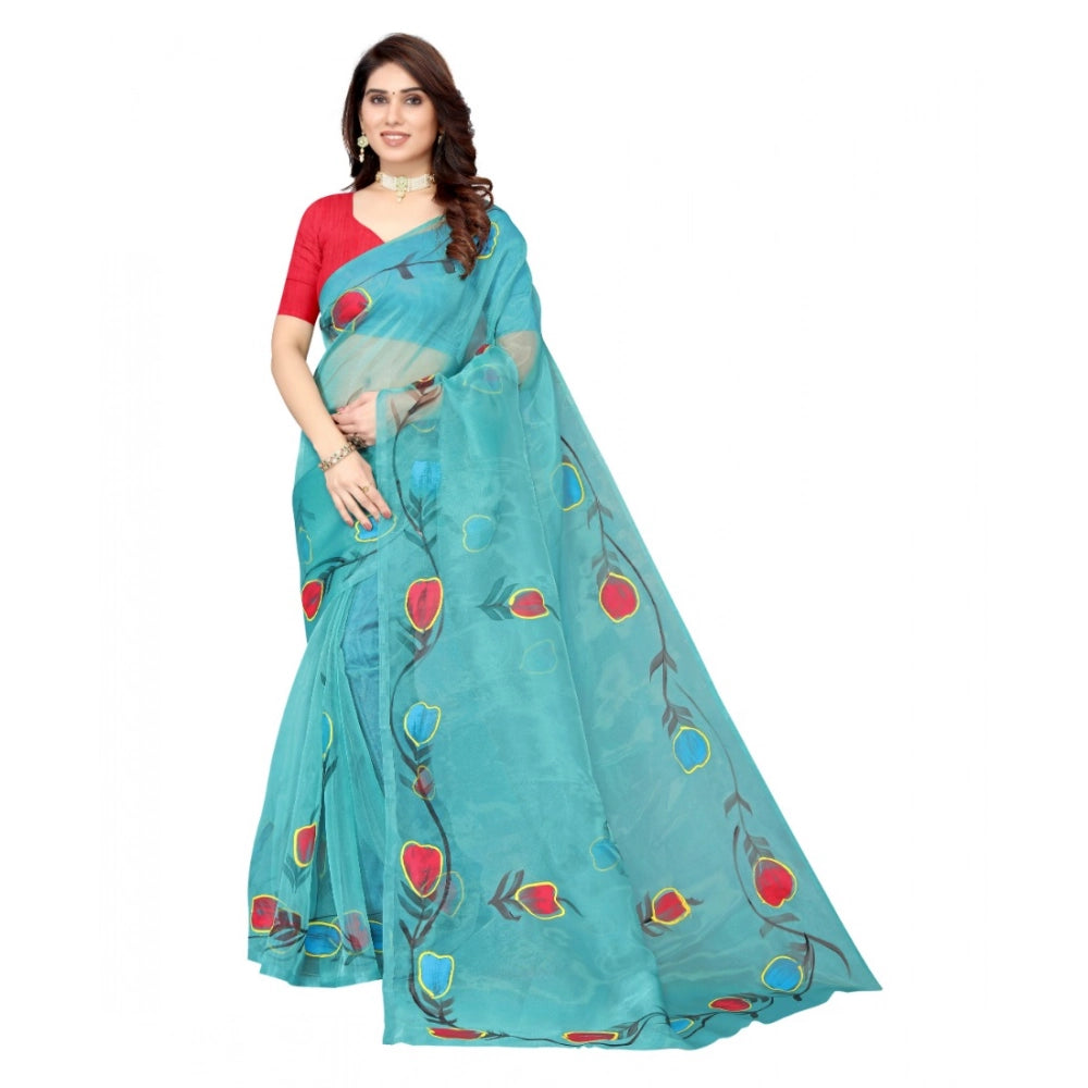 Amfyn Women's Organza Floral Pattern Sarees (Rama, 5-6 Mtrs)