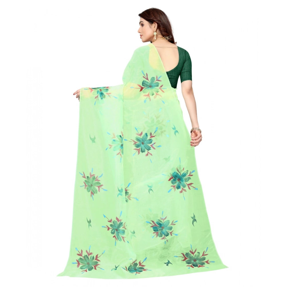 Amfyn Women's Organza Floral Pattern Sarees (Parrot Green, 5-6 Mtrs)