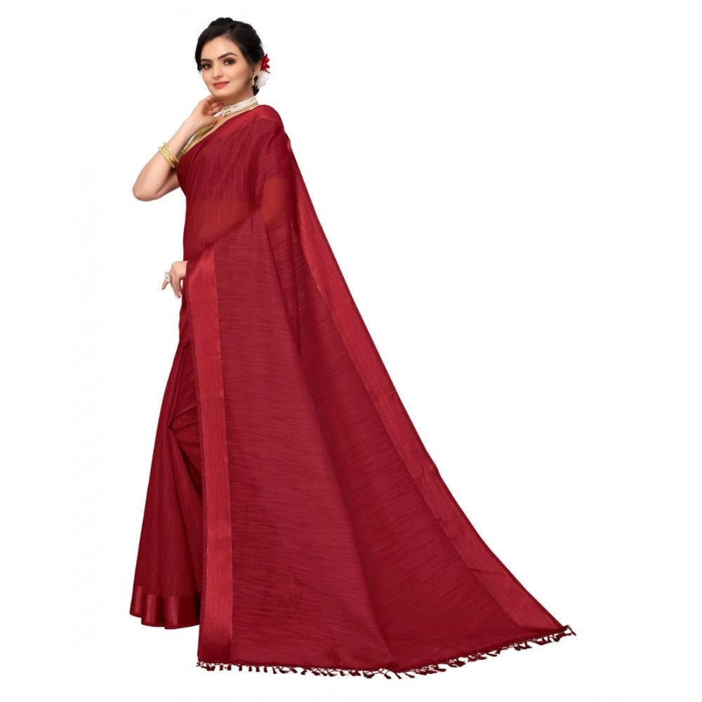 Amfyn Women's Cotton Blend Stripe Pattern Sarees (Maroon, 5-6 Mtrs)