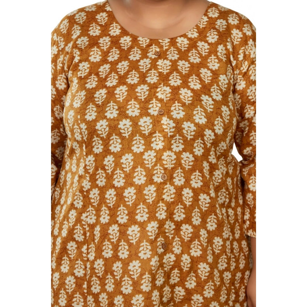 Amfyn Women's Casual 3/4th Sleeve Printed Pure Cotton Prince Cut A-Line Kurti (Mustard)