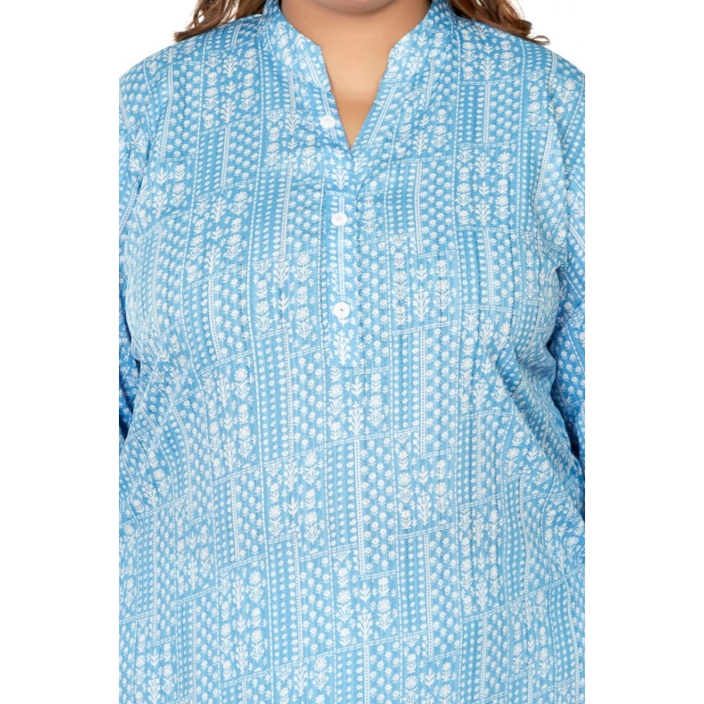 Amfyn Women's Casual 3/4th Sleeve Full printed Imported Synthetic Straight Kurti (Blue)