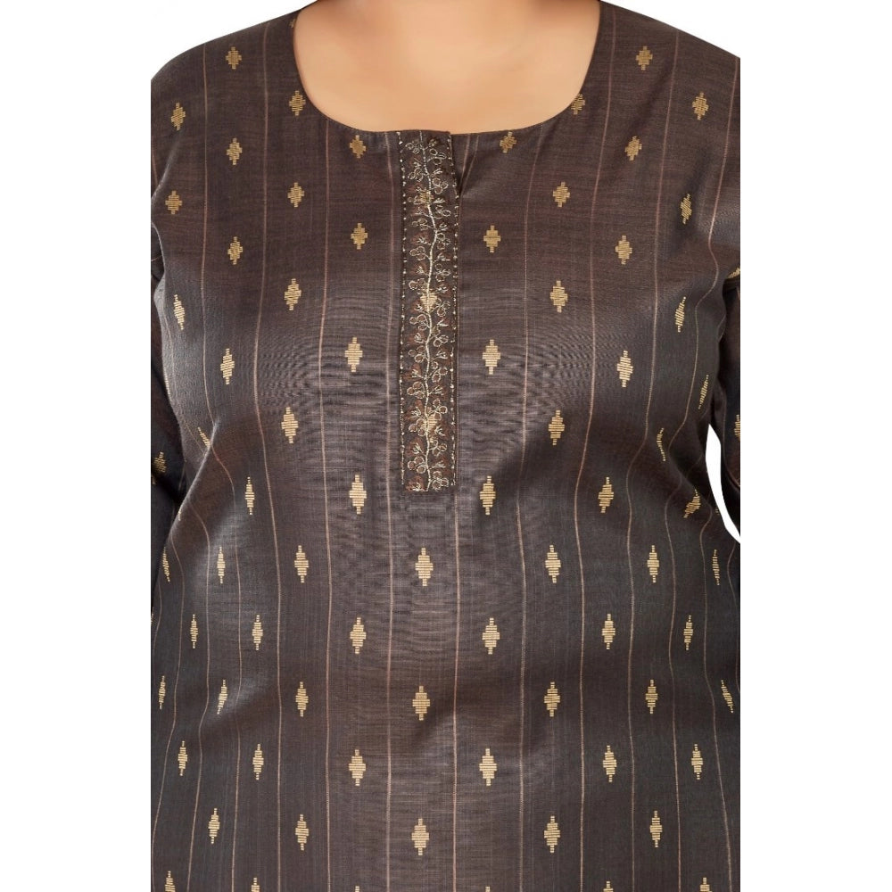 Amfyn Women's Casual 3/4th Sleeve Golden Embroidered Cotton Mix Straight Kurti (Dark Grey)