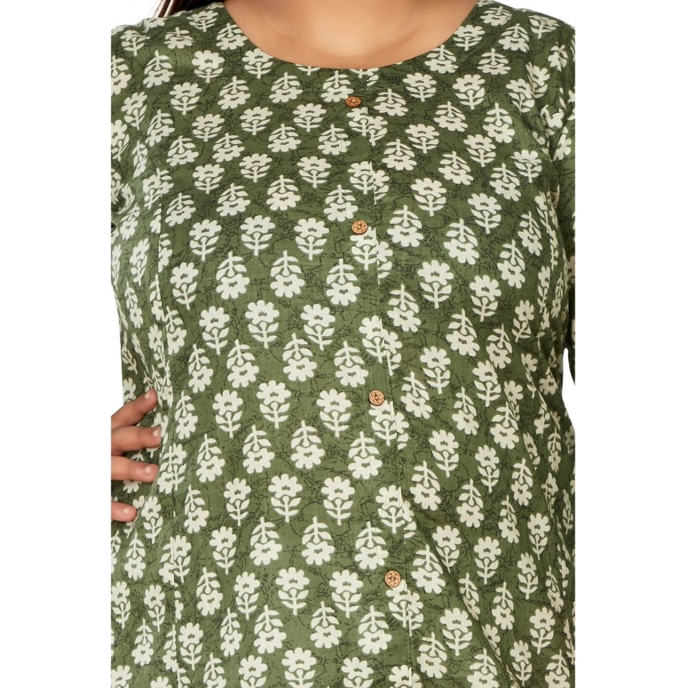 Amfyn Women's Casual 3/4th Sleeve Printed Pure Cotton Prince Cut A-Line Kurti (Green)