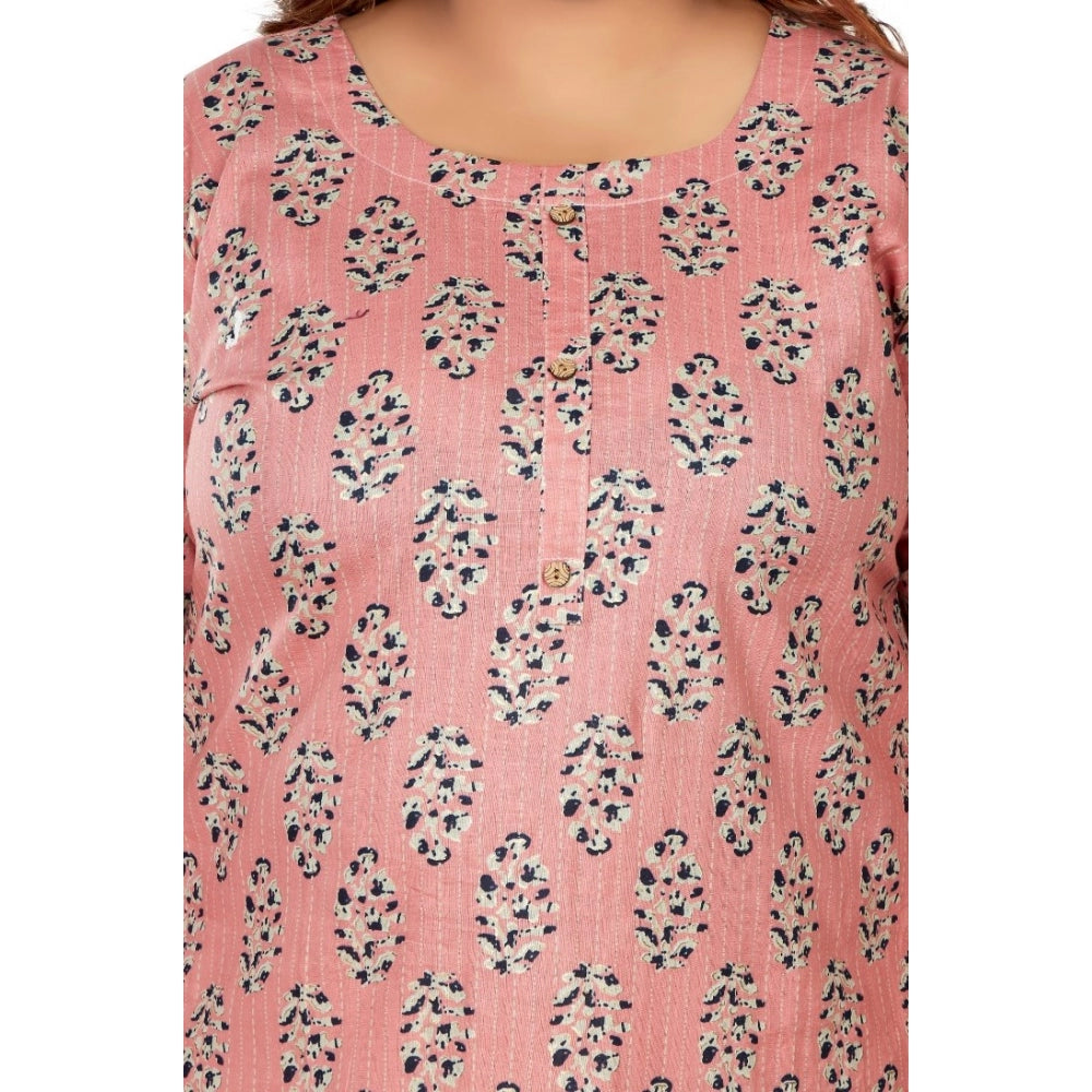 Amfyn Women's Casual 3/4th Sleeve Golden Foil Printed Pure Cotton Straight Kurti (Corel Pink)
