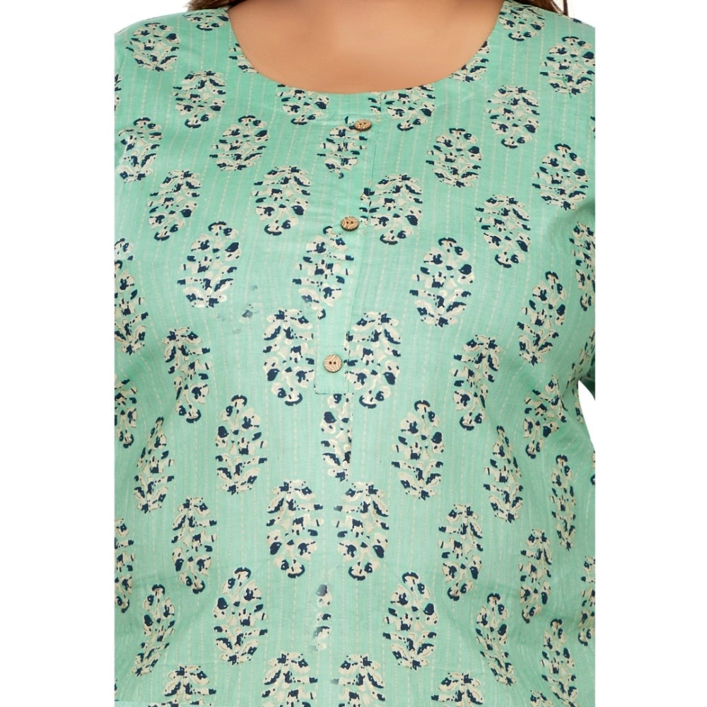 Amfyn Women's Casual 3/4th Sleeve Golden Foil Printed Pure Cotton Straight Kurti (Pista Green)