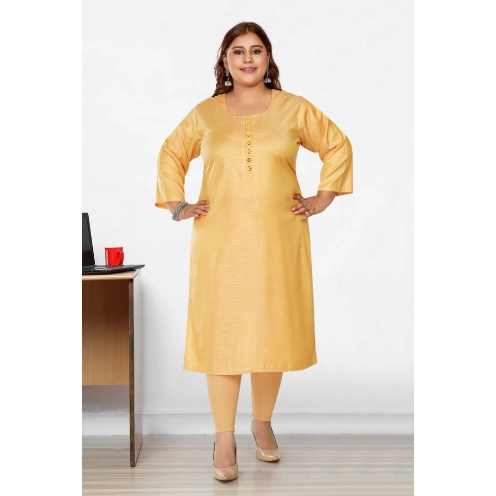 Amfyn Women's Casual 3/4th Sleeve Mirror Embroidered Rayon Straight Kurti (Tan)