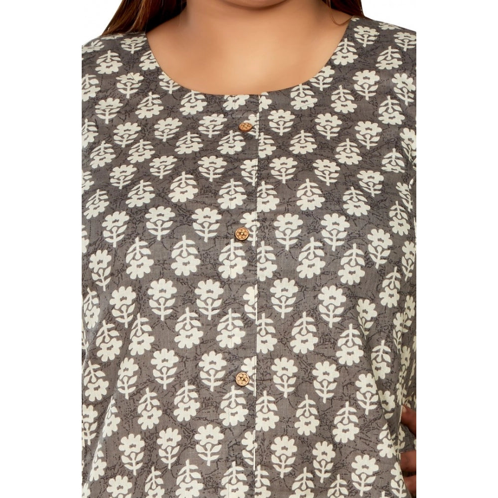 Amfyn Women's Casual 3/4th Sleeve Printed Pure Cotton Prince Cut A-Line Kurti (Grey)