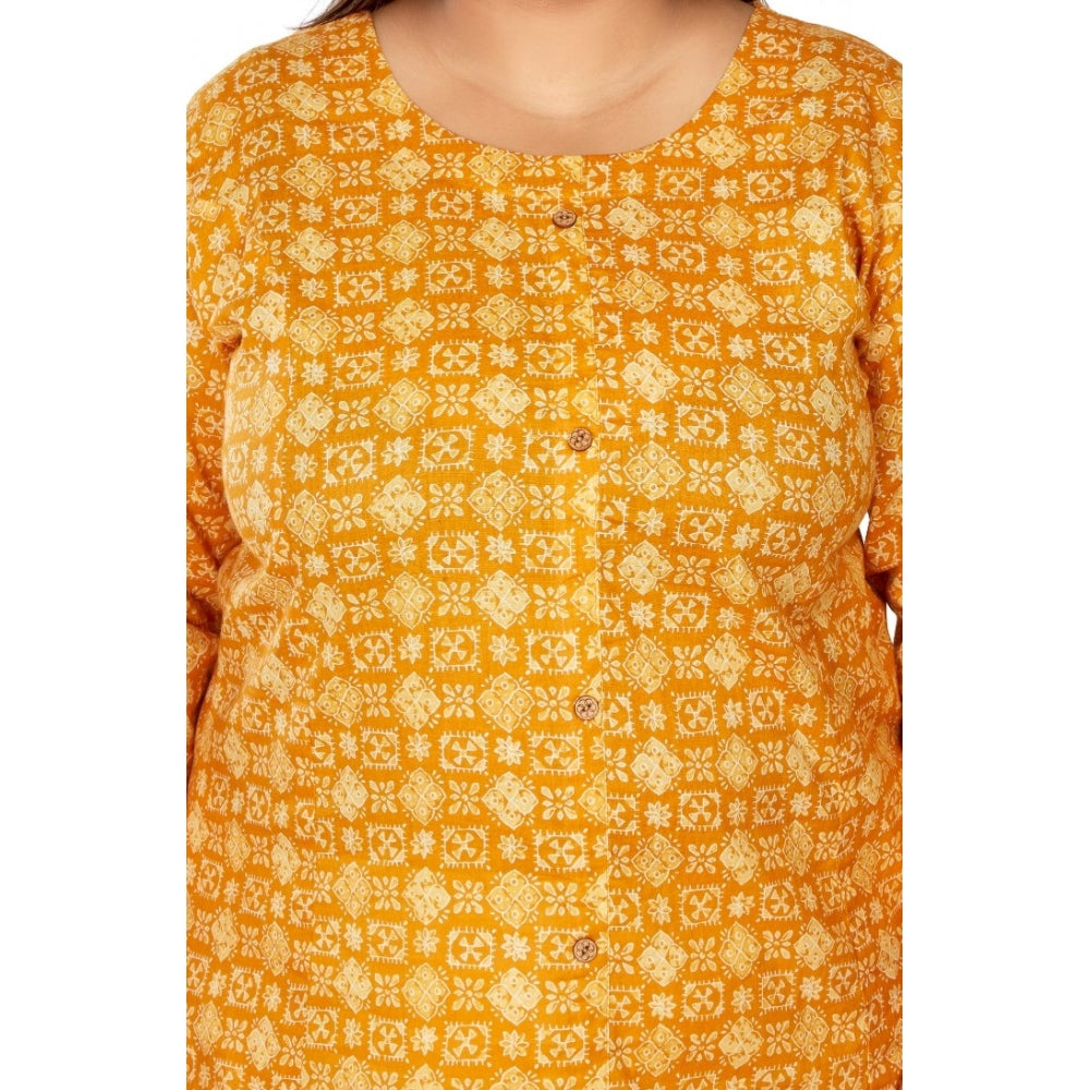 Amfyn Women's Casual 3/4th Sleeve Regular Printed Pure Cotton Prince Cut A-Line Kurti (Yellow)