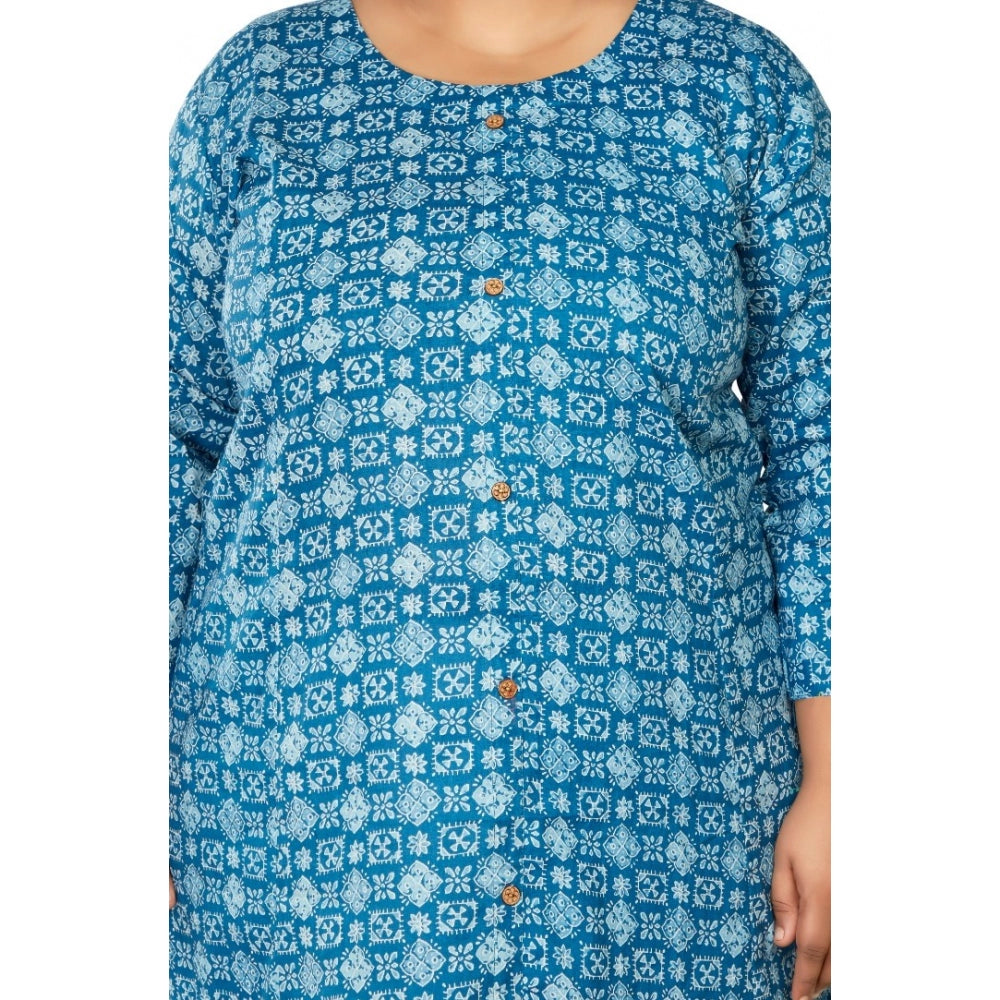 Amfyn Women's Casual 3/4th Sleeve Regular Printed Pure Cotton Prince Cut A-Line Kurti (Blue)