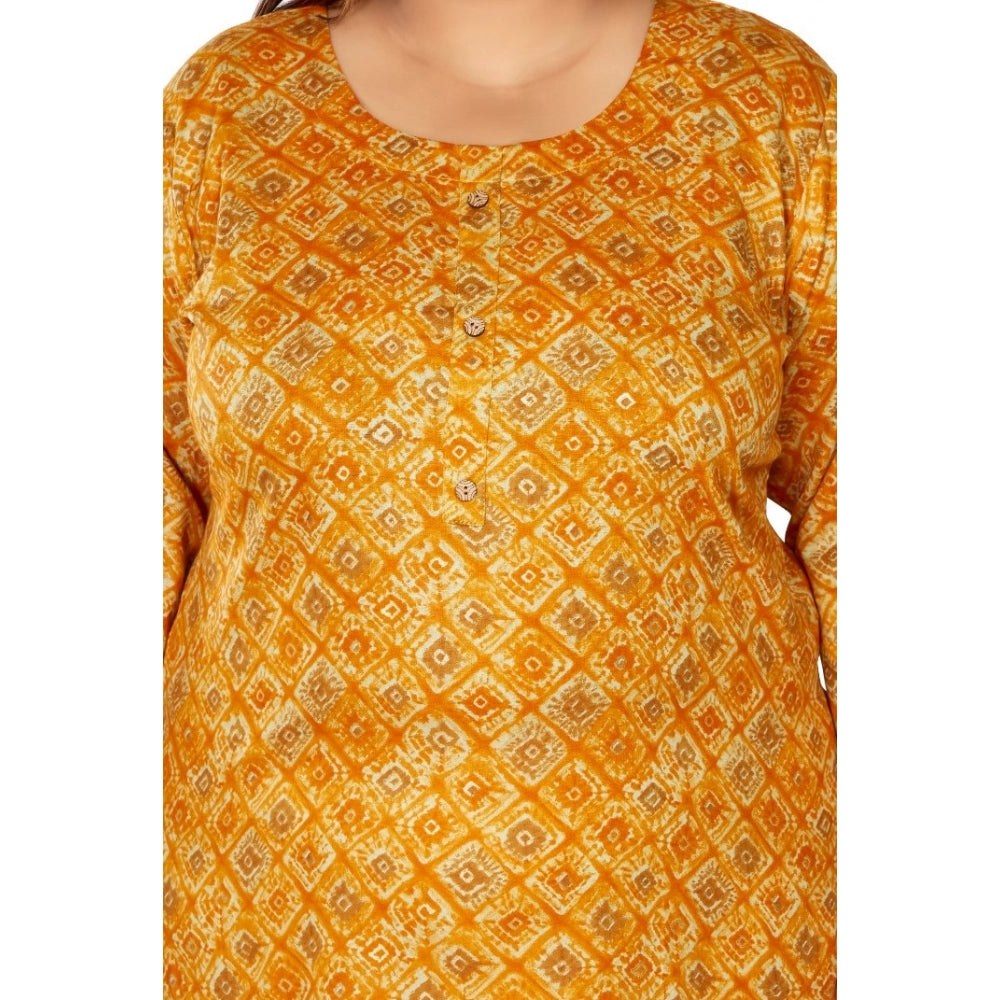 Amfyn Women's Casual 3/4th Sleeve Golden Foil Printed Capsule Cotton Straight Kurti (Yellow)