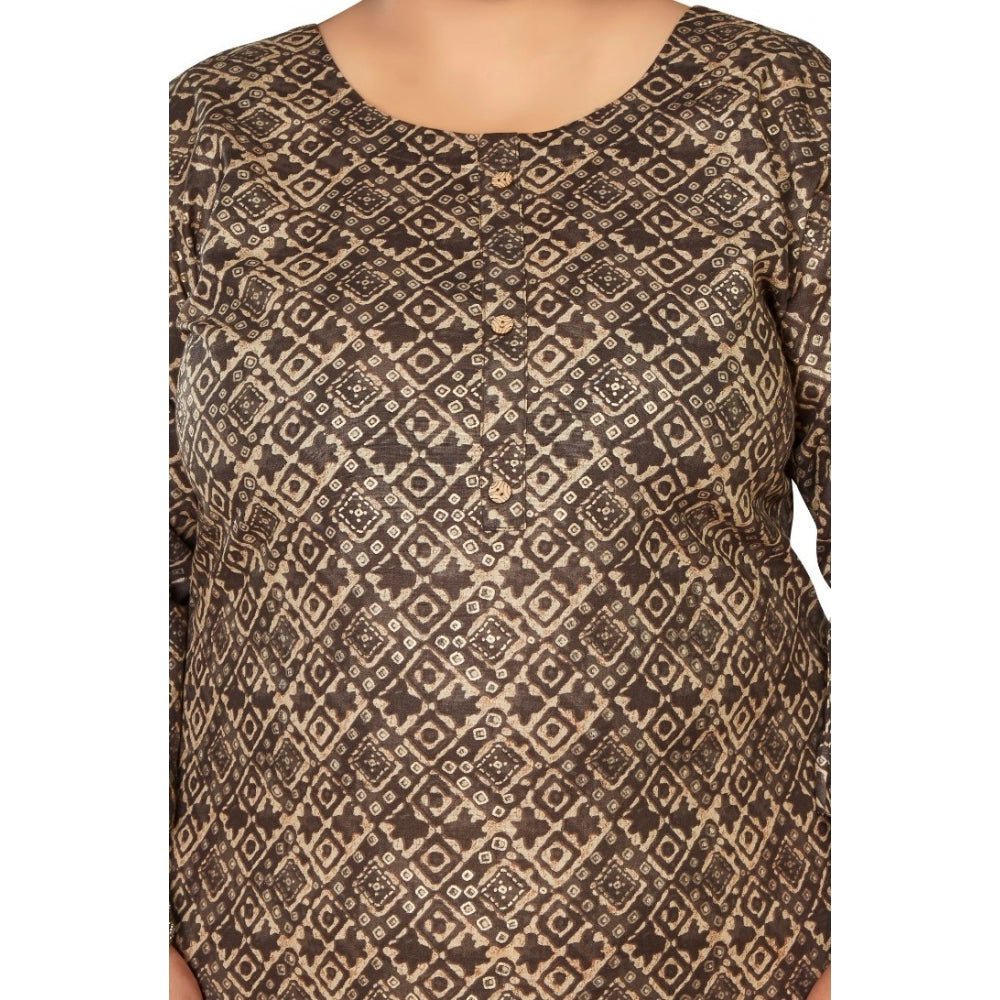 Amfyn Women's Casual 3/4th Sleeve Golden Foil Printed Capsule Cotton Straight Kurti (Brown)