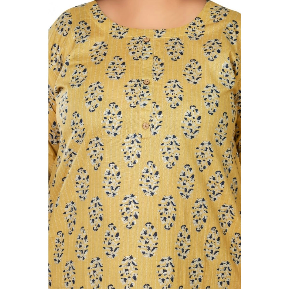 Amfyn Women's Casual 3/4th Sleeve Golden Foil Printed Pure Cotton Straight Kurti (Light Yellow)