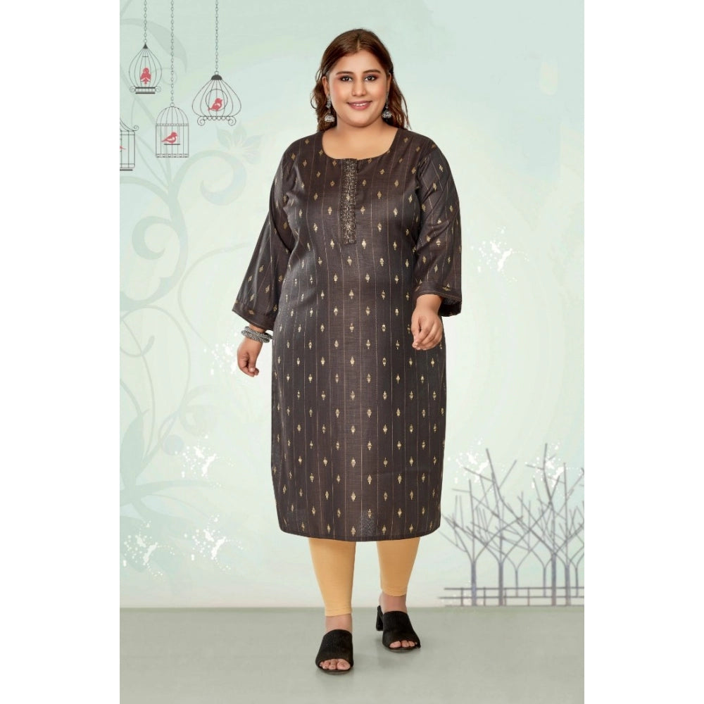 Amfyn Women's Casual 3/4th Sleeve Golden Embroidered Cotton Mix Straight Kurti (Dark Grey)