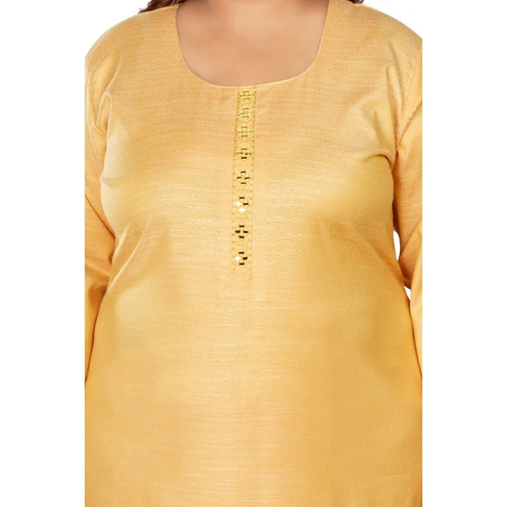 Amfyn Women's Casual 3/4th Sleeve Mirror Embroidered Rayon Straight Kurti (Tan)