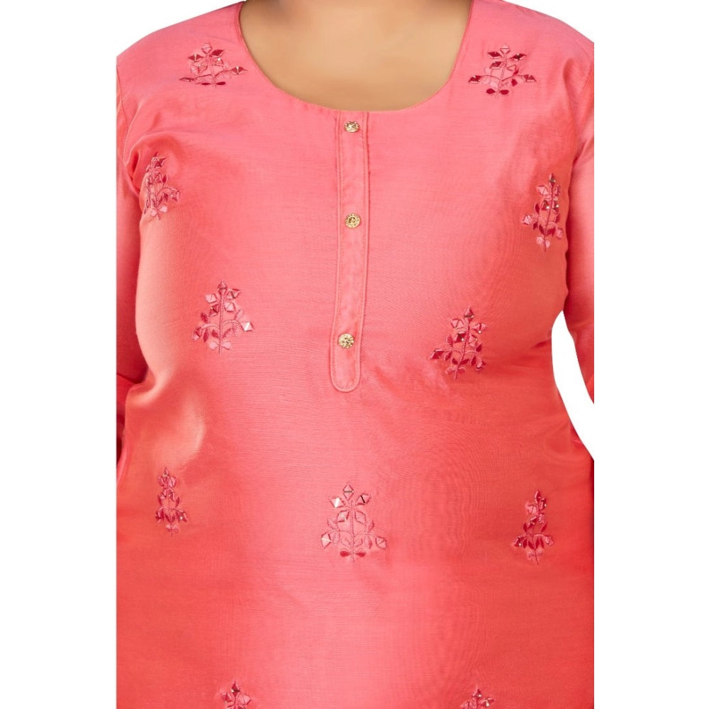 Amfyn Women's Casual 3/4th Sleeve Mirror Embroidered Rayon Straight Kurti (Pink)