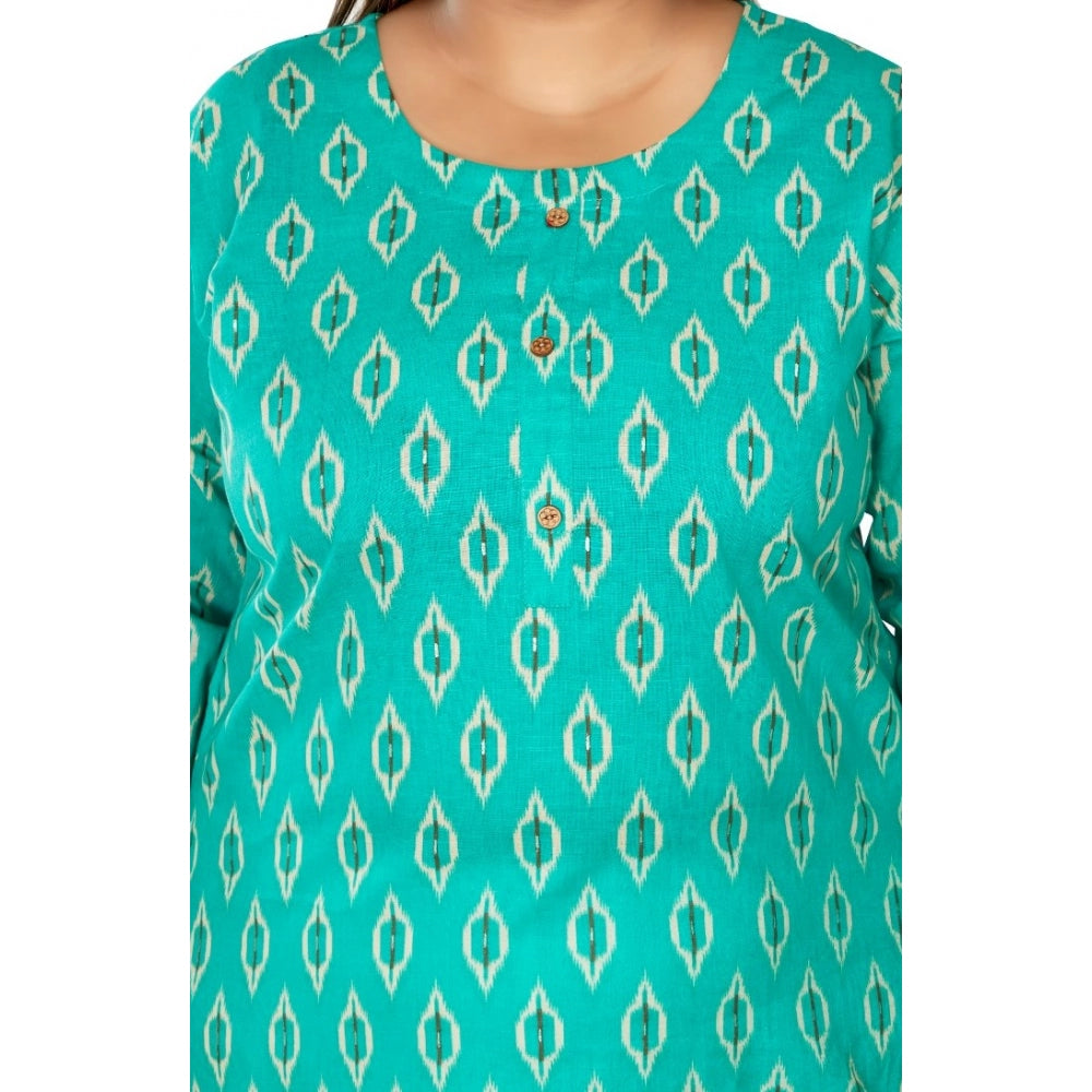 Amfyn Women's Casual 3/4th Sleeve Ikkat Printed Pure Cotton Straight Kurti (Turquoise)